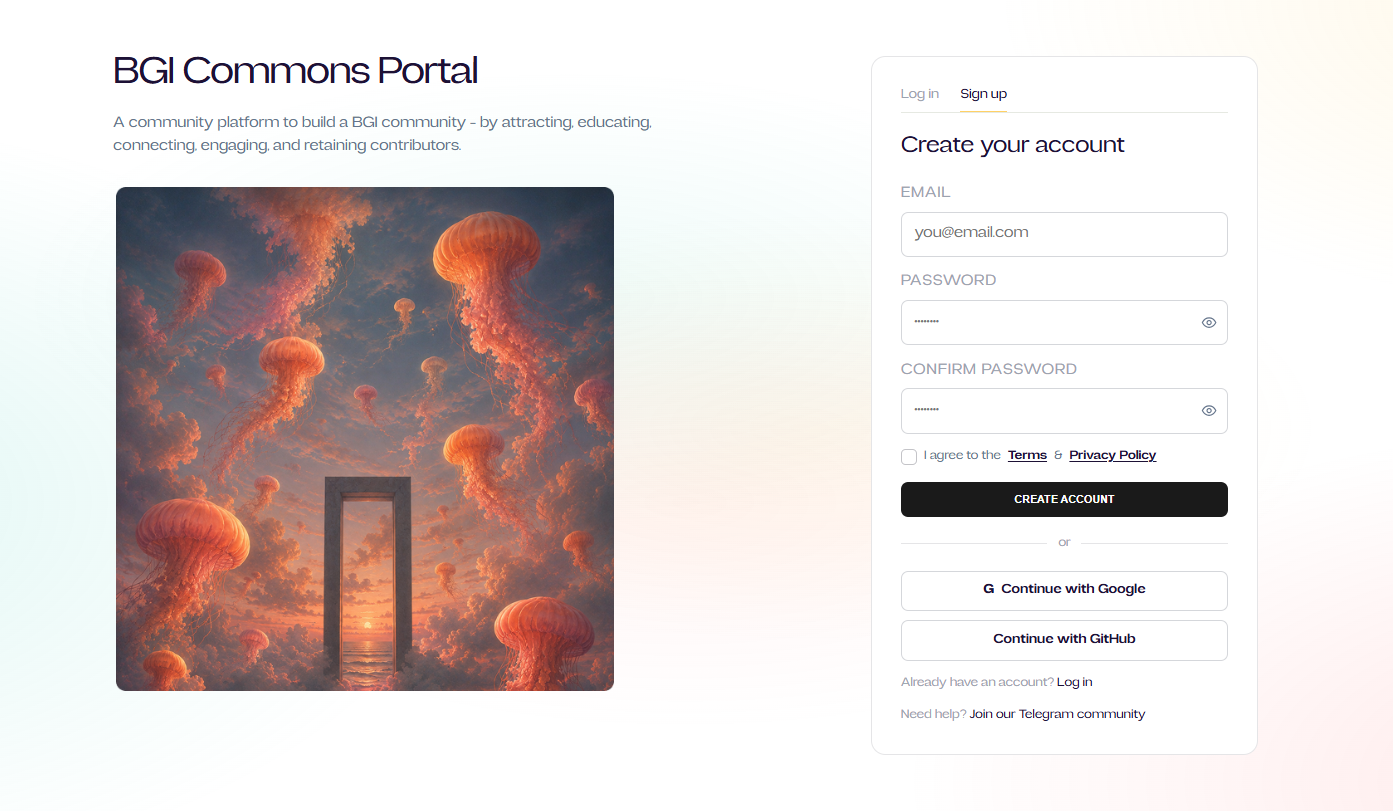 Sign-up form with email, password, and Continue with Google / GitHub
