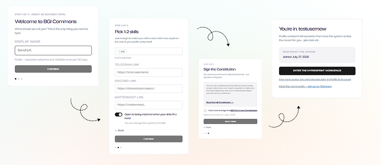 Onboarding steps: display name, skills, and links / availability