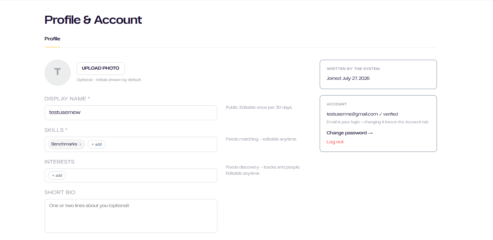 Edit profile page: bio, skills, links, and availability toggle