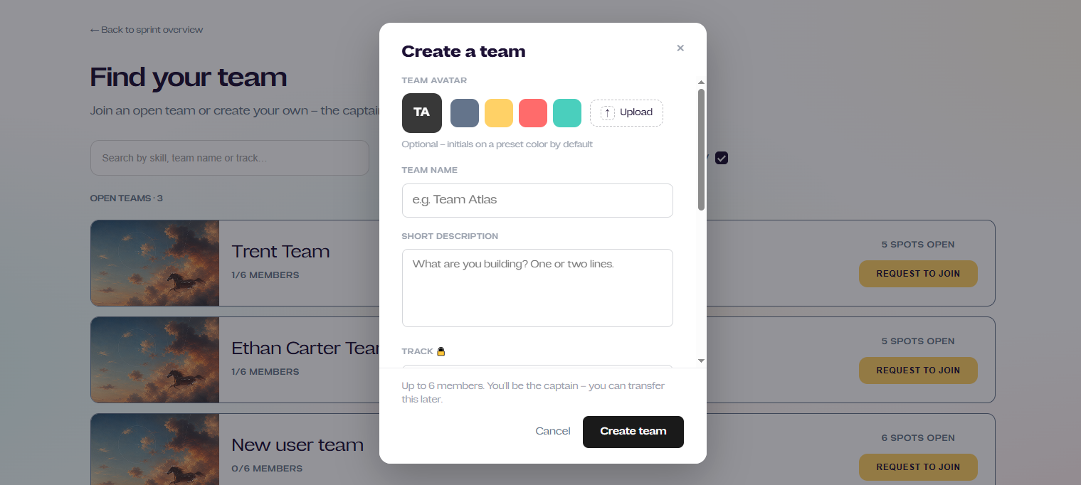 Create-a-team modal: avatar, name, description, track, and size
