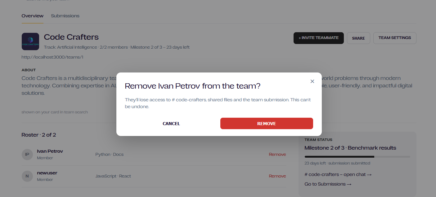 Team page: join requests with Accept/Decline and roster with Remove